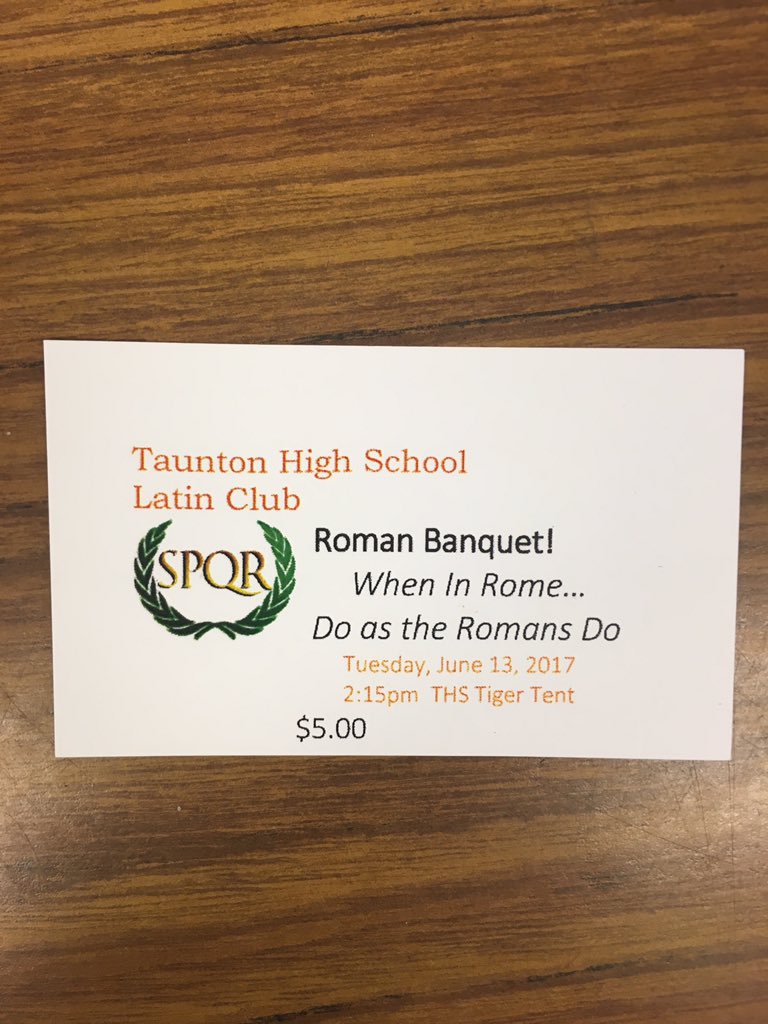 MrsJOuellette's tweet photo. Latinists: our annual Roman Banquet is Tuesday, June 13th, at 2:15 in the Tiger Tent. Purchase a ticket for $5 from me by Friday! https://t.co/gS5EnxvAeJ