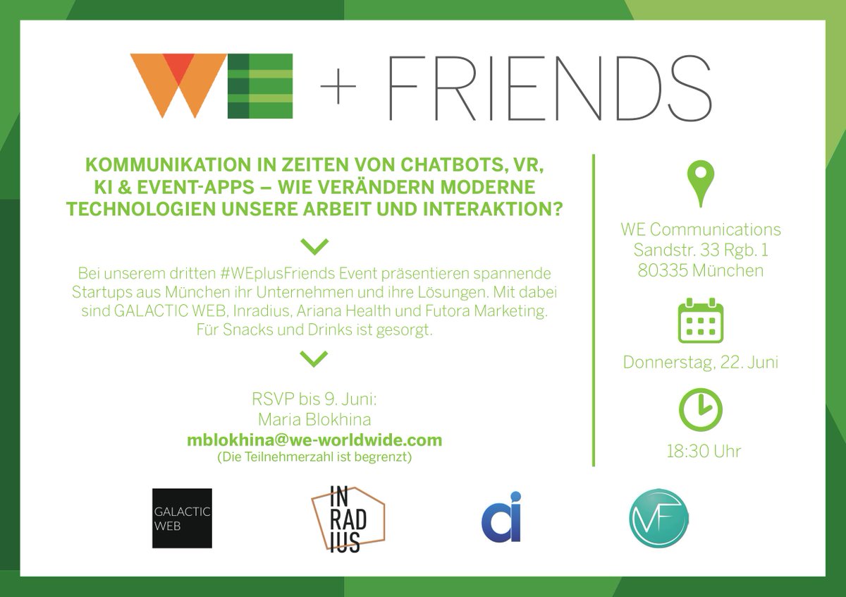 WEDeutschland's tweet photo. Drittes #WEplusFriends Event am 22. Juni. Fokus liegt auf modernen #Technologien und deren Einfluss auf unsere #Kommunikation. See you! https://t.co/T1fi3564PB