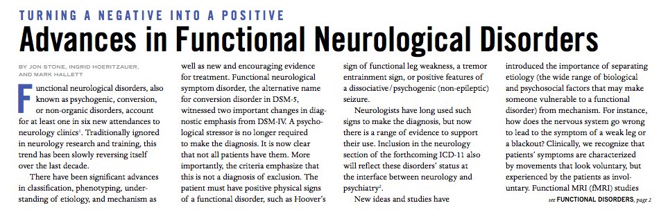 Thank you "World Neurology" <a href="/wfneurology/">World Federation of Neurology (WFN)</a> for putting FND on the front page! Fulltext goo.gl/oZu582. Conf fnd2017.org