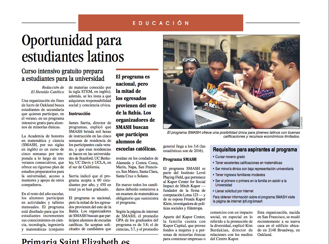 Learn more about <a href="/SMASHAcademy/">SMASH</a> in the <a href="/oakdiocese/">Diocese of Oakland</a> Spanish-language newspaper, El Heraldo Católico. ow.ly/EhXD308jPun
