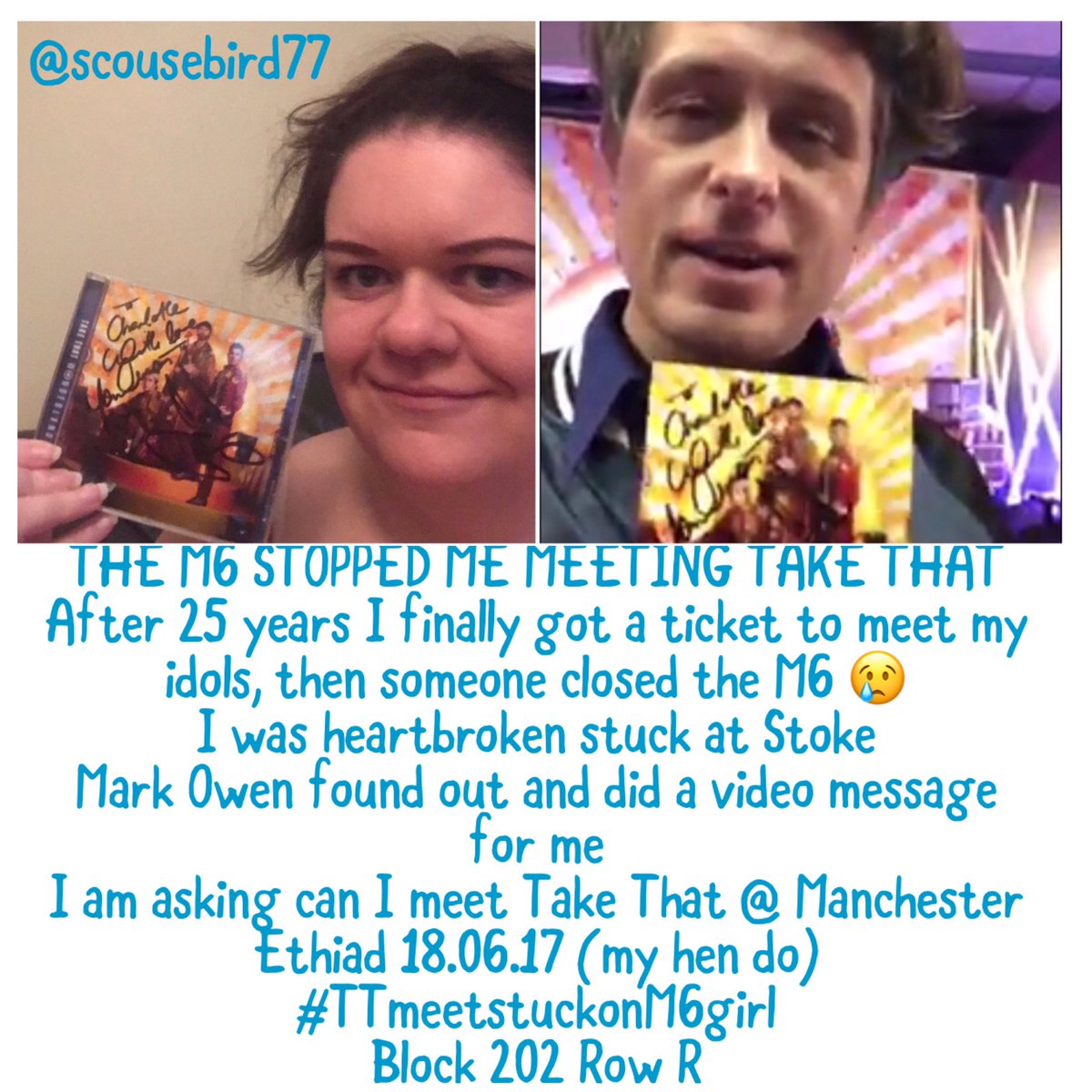 scousebird77's tweet photo. @GaryBarlow @HowardDonald @OfficialMarkO I'm the girl who was stuck on M6 so missed the signing 😢please meet me at Ethiad on 18.06.17 #hope💙 https://t.co/0TLgEYCL72