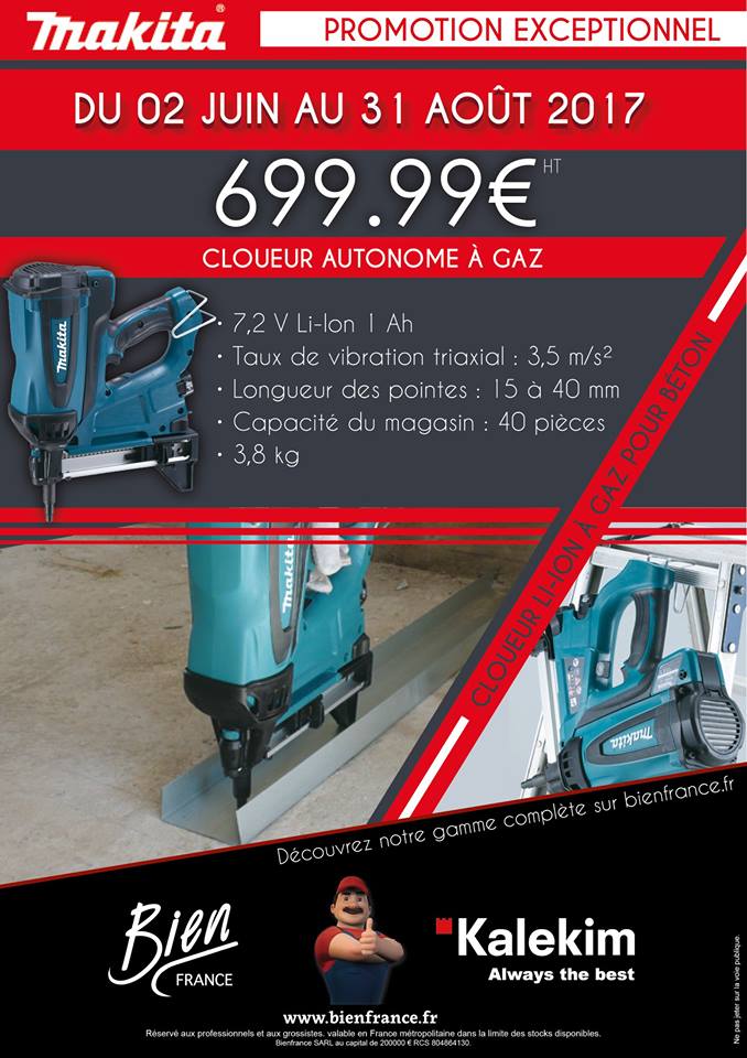 Bien_France's tweet photo. #SuperPromo sur le cloueur #MAKITA autonome à gaz pour béton. Nez fin, éclairage LED et grande autonomie pour de grande performance. https://t.co/VDa9wNPoWX