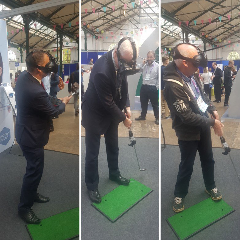 cloudrupture's tweet photo. All the swingers at #DigitalDNA giving #Swingchronicity a go. Lots of brilluant feedback from today. #vr #golf #startup @InvestNI https://t.co/sOtb3tkiya