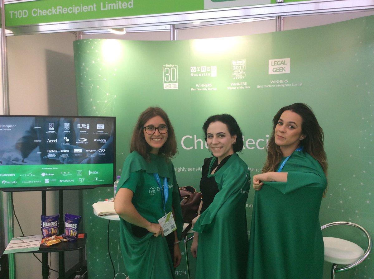 Infosecurity's tweet photo. With great emails comes great responsibility. Watch out for the green capes of the @CheckRecipient girls on Stand T10D at #infosec17 https://t.co/ChR0lATsrK