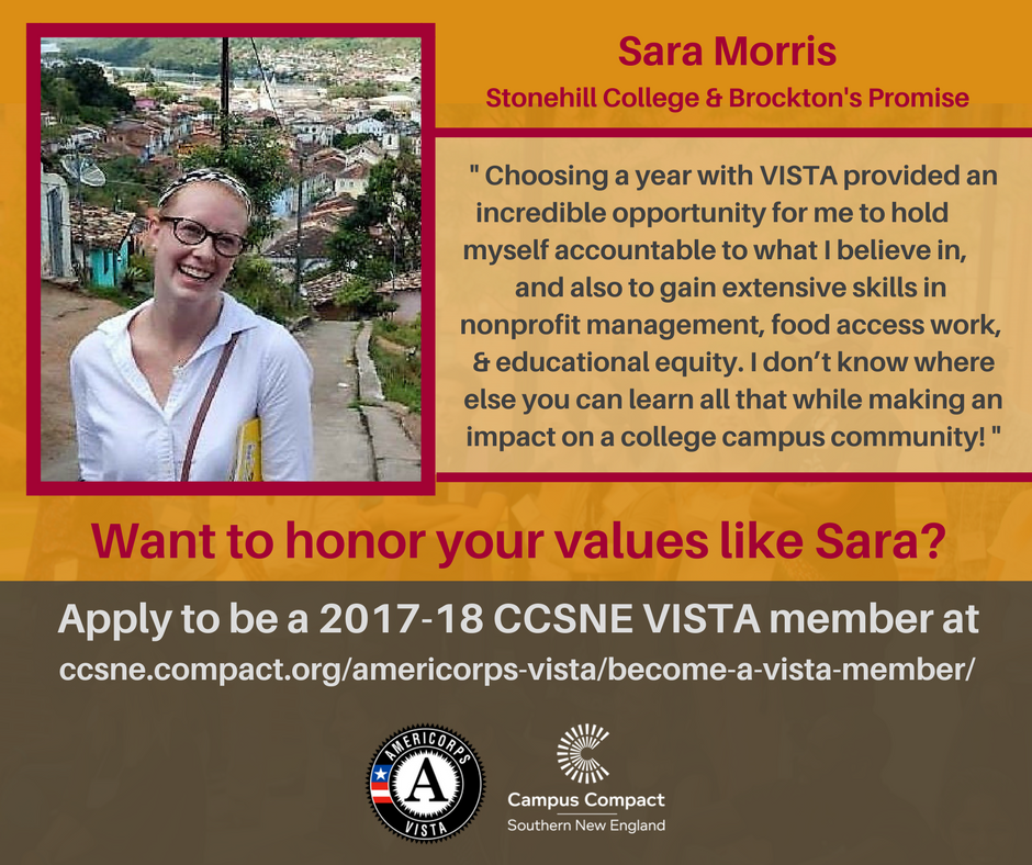 CompactSNE's tweet photo. Sara Morris, 2016-17 @MACampusCompact member serving with @stonehill_info and @BrocktonPromise, on what @AmeriCorpsVISTA means to her. https://t.co/LiKCPSpOjO