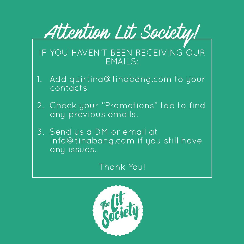 LitSocietyBC's tweet photo. It has come to our attention that some haven't been receiving our emails. If so, please follow the instructions below 👇🏽 #LitSociety https://t.co/KQ1GvX8qN5