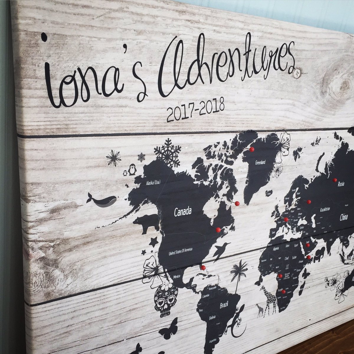 FirefliesTweet's tweet image. We are loved making our personalised travel map for Iona's parents so they could track her travels while she backpacks across the world ❤️🐘