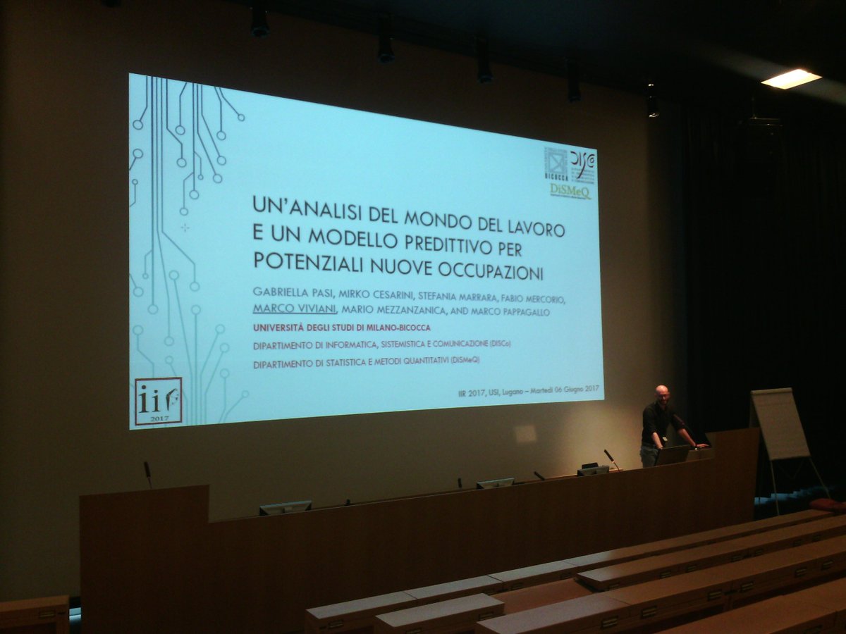 iir2017's tweet photo. Marco Viviani is presenting the paper "Un'analisi del mondo del lavoro e un modello predittivo per potenziali nuove occupazioni" #iir2017 https://t.co/JFPFC3smLc