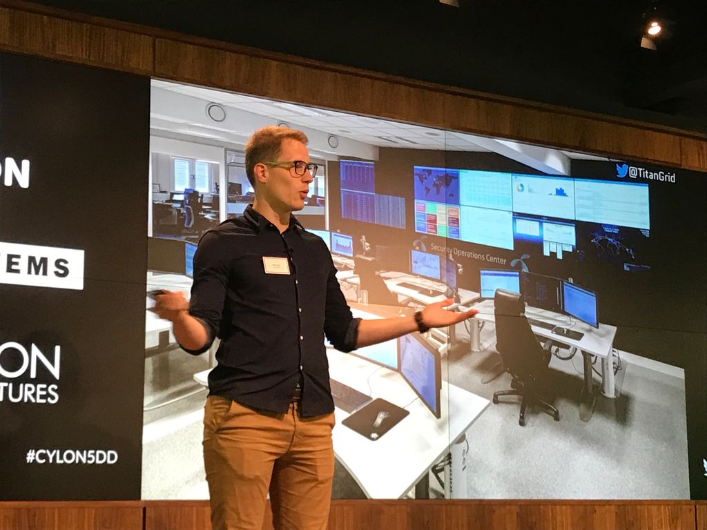 CyLonVentures's tweet photo. #Social #engineering, one of the biggest threats to company #cybersecurity, now being solved by @TitanGrid. Aleks Koha pitches at #Cylon5DD https://t.co/6BCx3wgZV5