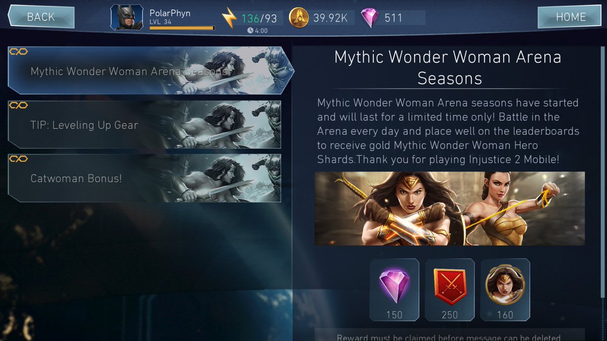 PolarPhyn's tweet photo. SO STOKED! My first gold character, Mythic Wonder Woman! Also achievement earn to unlock full gear set! Hope to get more fragments next week https://t.co/RBVueYNoGV