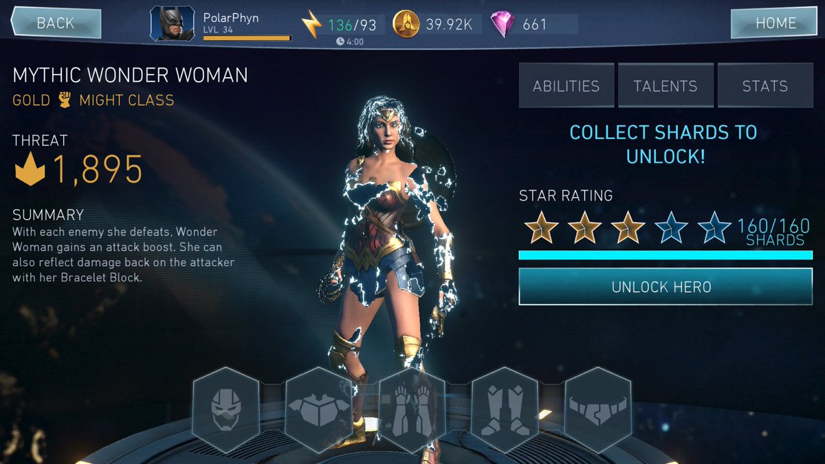 PolarPhyn's tweet photo. SO STOKED! My first gold character, Mythic Wonder Woman! Also achievement earn to unlock full gear set! Hope to get more fragments next week https://t.co/RBVueYNoGV