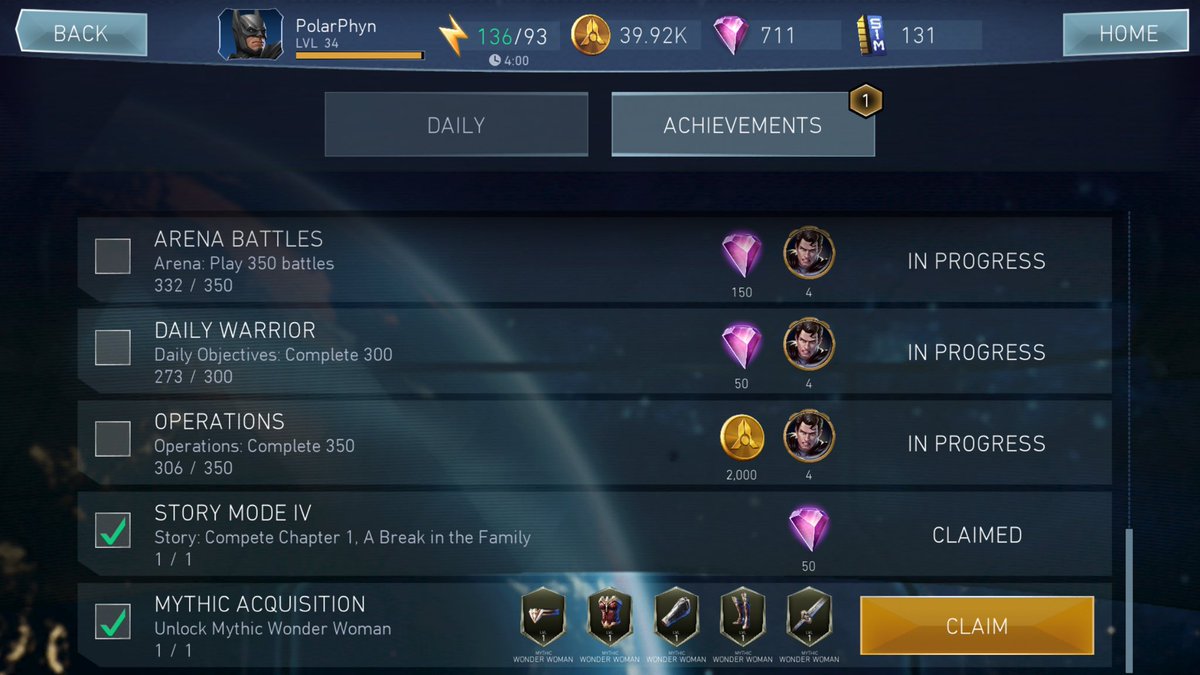 PolarPhyn's tweet photo. SO STOKED! My first gold character, Mythic Wonder Woman! Also achievement earn to unlock full gear set! Hope to get more fragments next week https://t.co/RBVueYNoGV