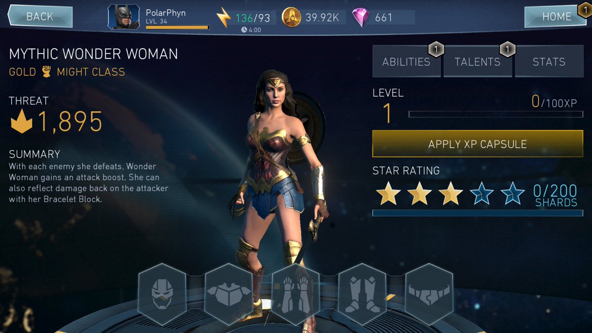 PolarPhyn's tweet photo. SO STOKED! My first gold character, Mythic Wonder Woman! Also achievement earn to unlock full gear set! Hope to get more fragments next week https://t.co/RBVueYNoGV