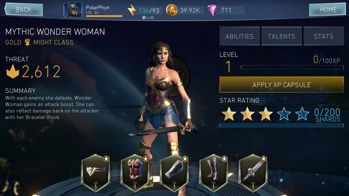 PolarPhyn's tweet photo. Gold Mythic Wonder Woman with full gear set!! So happy!! Hope to earn more in arena this week! @Injustice2Go #injustice2Mobile #WonderWoman https://t.co/cxj2i7Udov
