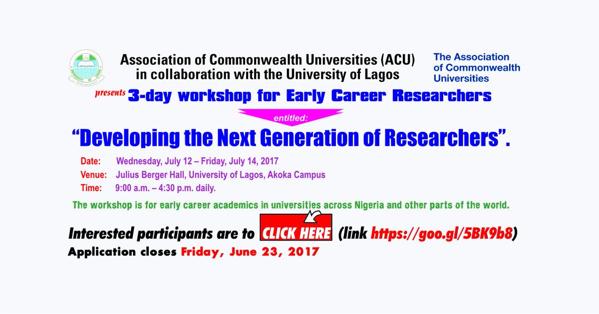 UnilagNigeria's tweet photo. Hello academics 🙂 
Have you registered for @The_ACU 3-Day Workshop for researchers? Don't miss out 😉 Register here 👉https://t.co/DU623nXWlr https://t.co/5m7u4bbhtX