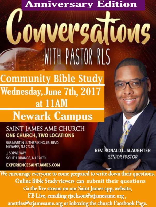SaintJamesAMEC's tweet photo. Join us tomorrow for the Anniversary Edition of "Conversations with Pastor RLS." #ExperienceSaintJames #PastorRLS6Anniv https://t.co/1SV4yaSGH1