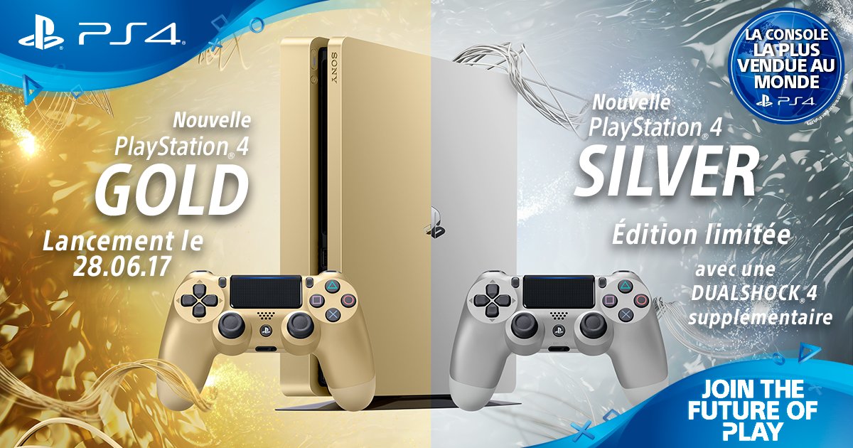 PlayStaFou's tweet photo. Nouvelles #PS4 GOLD et SILVER (éditions limitées !!!) dispos à partir du 28 juin (DualShocks dispos séparément) #PS4Gold #PS4Silver #PS4Slim https://t.co/CSVKz7Y84e