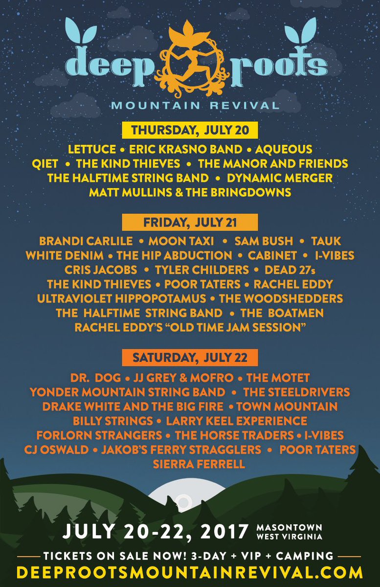 WVmtnrevival's tweet image. The Deep Roots Mountain Revival Daily Schedule is here! 3-Day, VIP, and Camping passes are available now. Buy: bit.ly/drmr2017