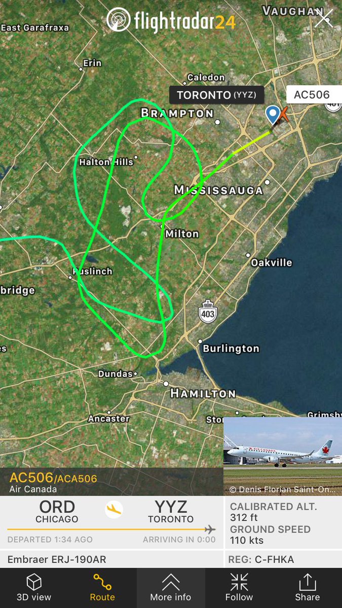 TomPodolec's tweet photo. Update @AirCanada #AC506 from Chicago landed #Toronto runway 05. Taxiiing to gate; ARFF following. Reported flap issue. https://t.co/KBnp9L9Lqv