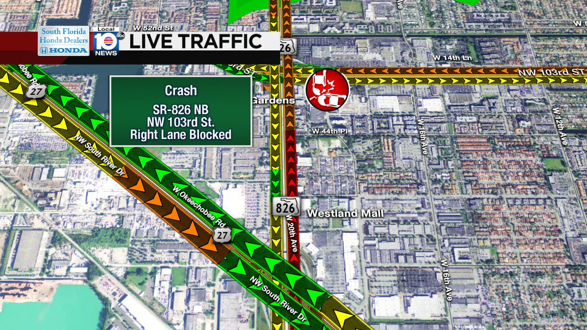 CRASH: SR-826 NB & NW 103rd St. A right lane is blocked. Expect delays. #TRAFFIC #MIAMI https://t.co/jxHZNPj1BH