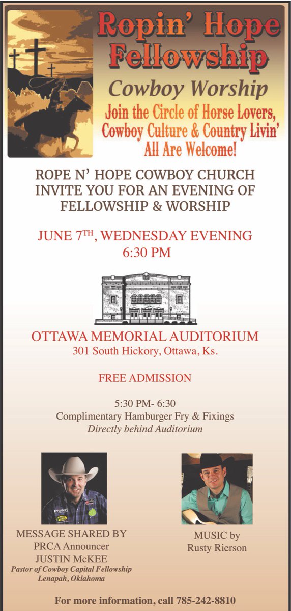 RustyRierson's tweet photo. Tomorrow evening join us in Ottawa KS!!!
#justinmckee #rustyrierson #cowboychurch https://t.co/6W0PKm4cC2