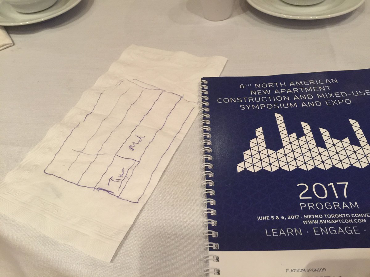 AdamPowadiuk's tweet photo. A stacking plan on a napkin. Tell-tale artifacts of real estate people having been present. #aptcon https://t.co/h1lNYUEqot