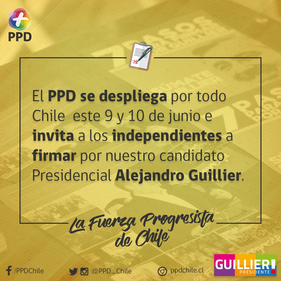 PPD_Chile's tweet photo. Este viernes y sábado nos desplegamos por todo Chile junto a la ciudadanía, súmate, participa y firma por @Guillier ✍🤘 https://t.co/JJlQ7awDgr