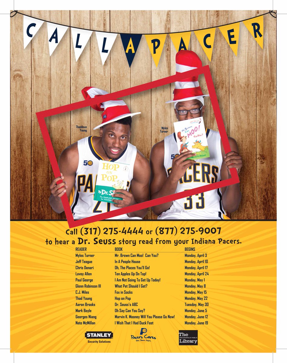 PacersSportsEnt's tweet photo. It's another wk of #CallAPacer pres by @STANLEYSecurity & @indylibrary! This wk hear @Mark_J_Boyle with Dr. Seuss' Oh Say Can You Say?! https://t.co/B9VcBQhpT4