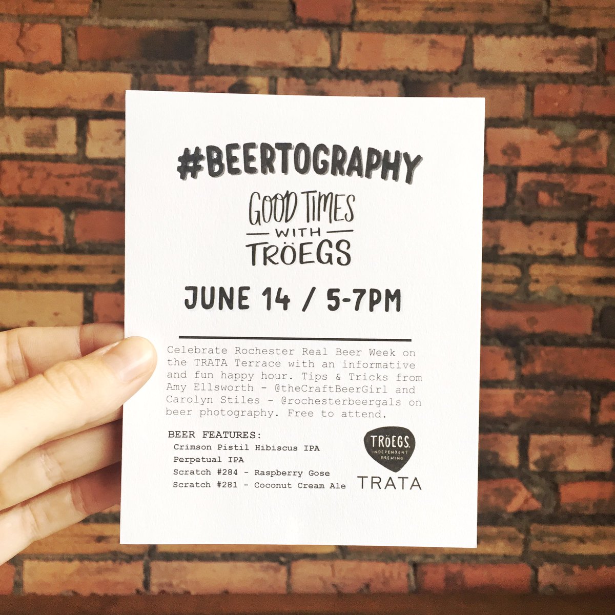 TRATA_ROC's tweet photo. For @ROCRealBeer week - come hang with @theCraftBeerGrl and @rocbeergals for #Beertography on the terrace w @TroegsBeer
#TRATA #Roc https://t.co/Ah0Hg1rJCe
