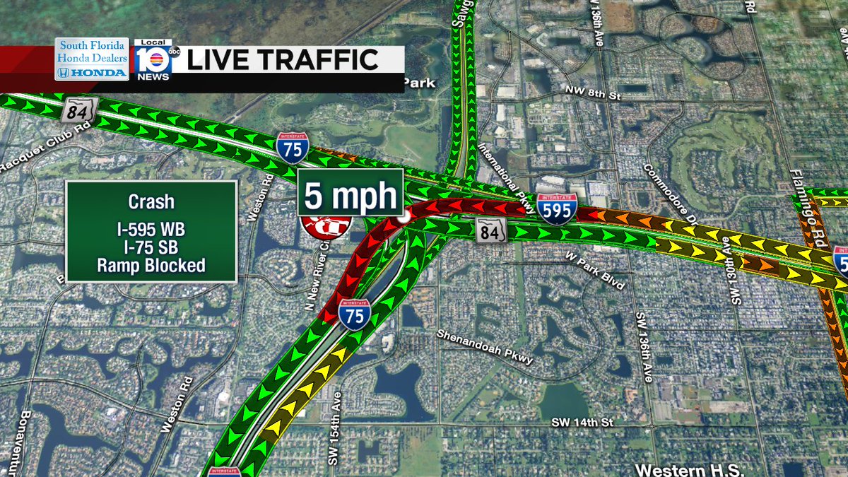 CRASH: I-595 WB ramp looping to I-75 SB is blocked. Expect heavy delays. #TRAFFIC https://t.co/mNP3YqZJwM