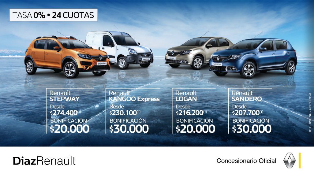 DiazRenault's tweet photo. La promo del #AutoDelMes de #DiazRenault te conviene hasta pensándola en frío ¡Consultanos! Legales >> https://t.co/f5Qgc2iU7d #RenaultArg https://t.co/MgLQdkKPWm
