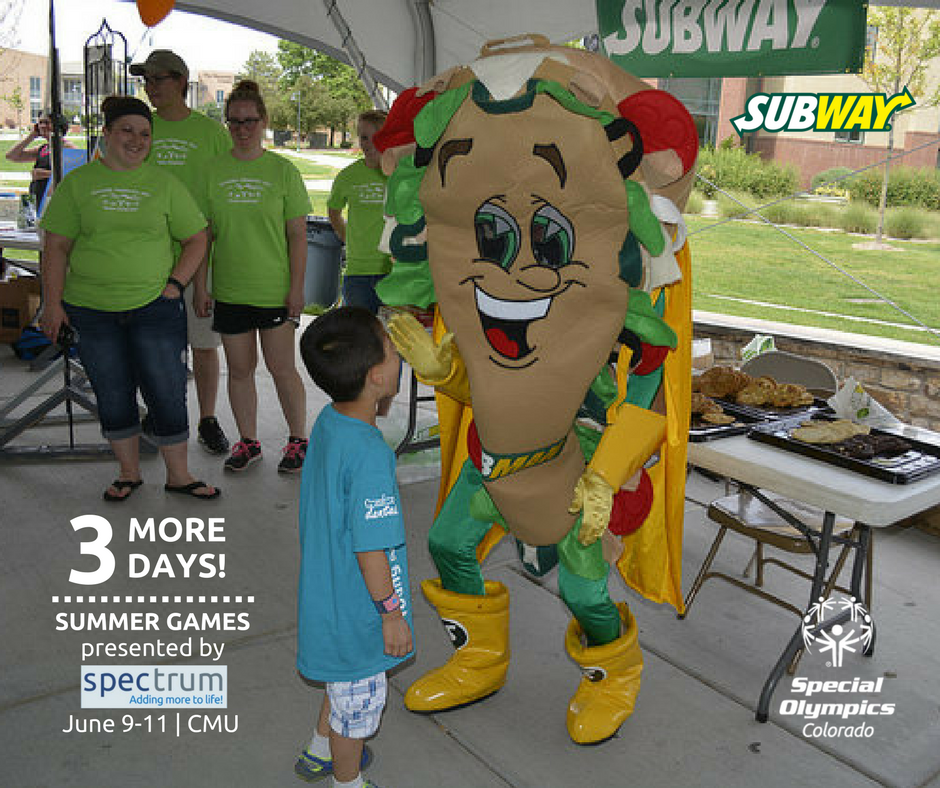 SpecOlympicsCO's tweet photo. Only 3 MORE DAYS until Summer Games presented by Spectrum! Come by and see @SUBWAY Man at Olympic Town on 6/10! #SOCOSummerGames17 #EatFresh https://t.co/2kEJ0sPu9E