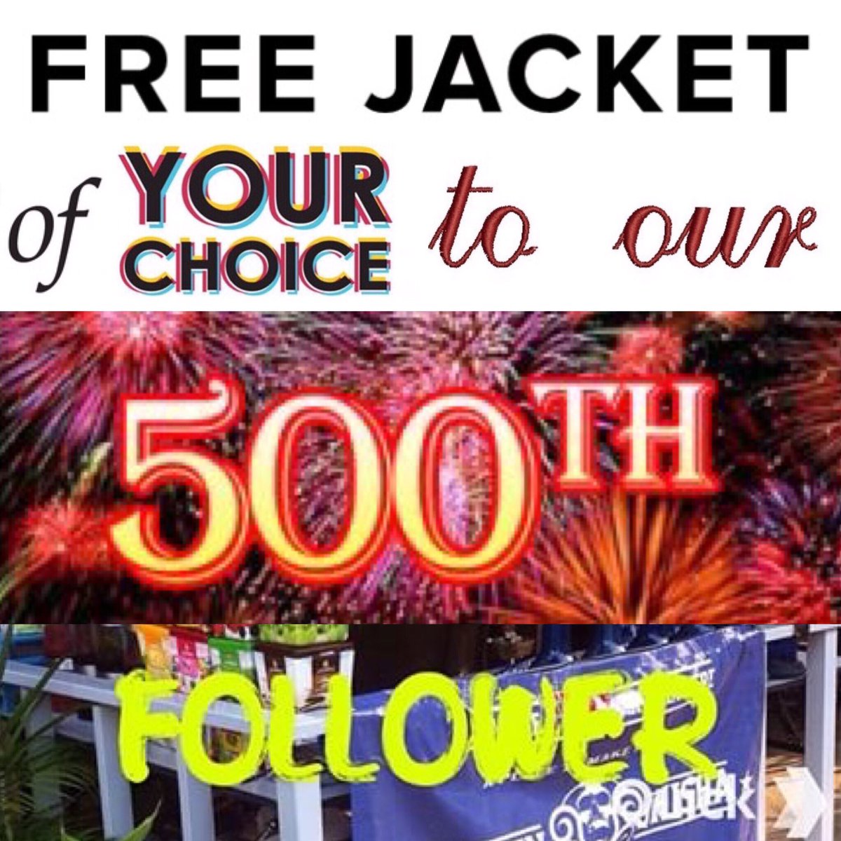 We'd like to share the love by giving our 500th follower a jacket of their choice. Any style, any design-if we can do it, it's yours!!