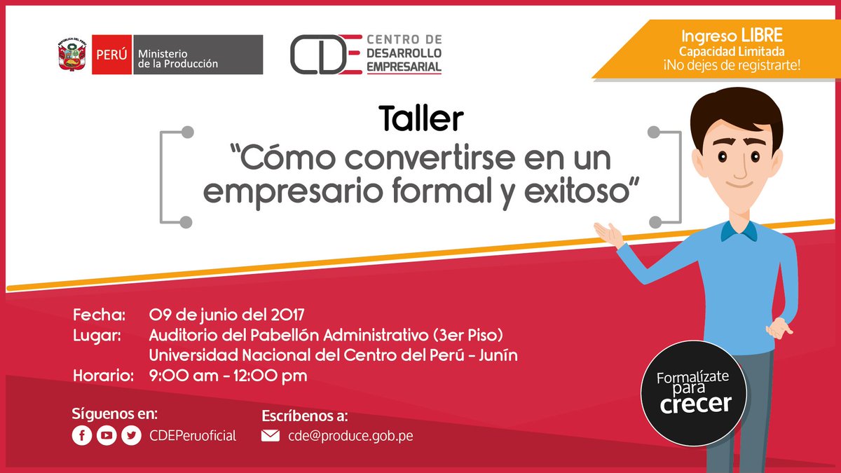 CDEPeruoficial's tweet photo. Cómo se un empresario formal y exitoso. El #taller del #CDE para ti. #Junin. Inscríbete en https://t.co/EMhI2bYbpG https://t.co/rv7Ni3SZpy