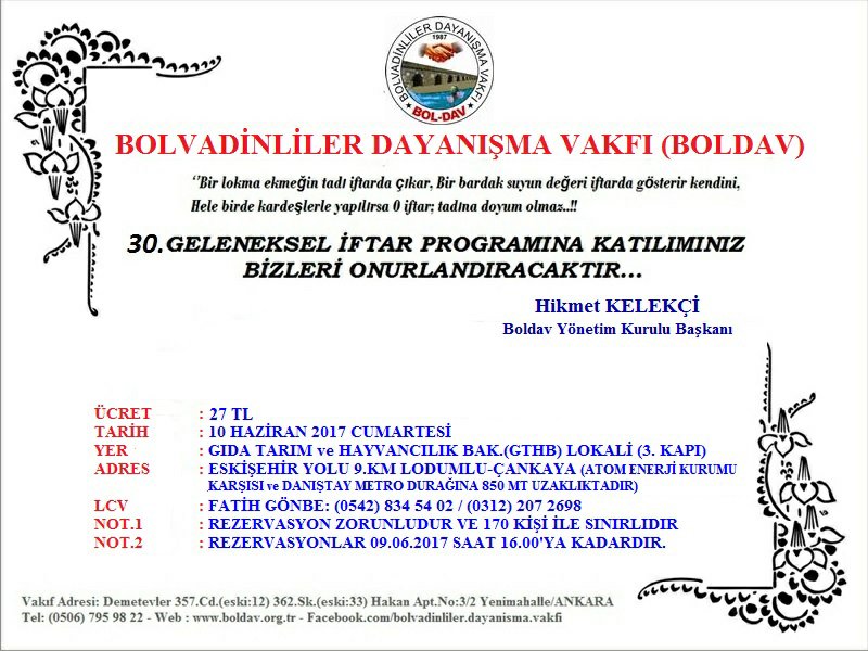 BOLDAV 30.GELENEKSEL İFTARIMIZA DAVETLİSİNİZ.!
#Boldav #Gelenekseliftar #Davetlisiniz #RamazanKardeşliktir
YOL:goo.gl/maps/RsSBMQFVC…