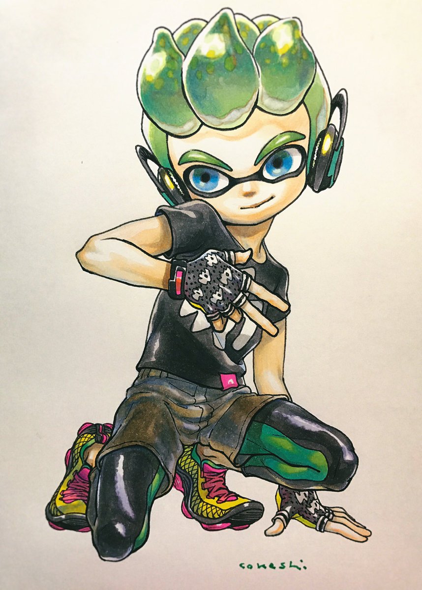 inkling boy 1boy male focus solo green hair blue eyes tentacle hair traditional media  illustration images