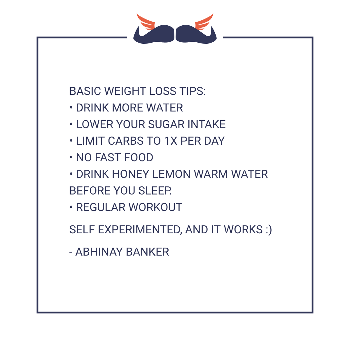 AbhinayBankers's tweet photo. Basic weight loss tips:
Try it dedicatedly, you will get results.
#selftested #AbhinayBanker https://t.co/8TgSxvjENK