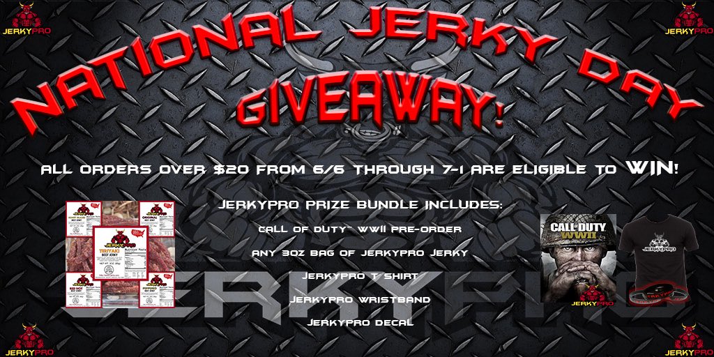 JerkyPro's tweet photo. #NationalJerkyDay is June 12th!  We're kicking this off right with with a #CoDWWII and #jerky #giveaway!  Orders over $20 are entered! 🔥❤️ https://t.co/xYYWDJaMLm
