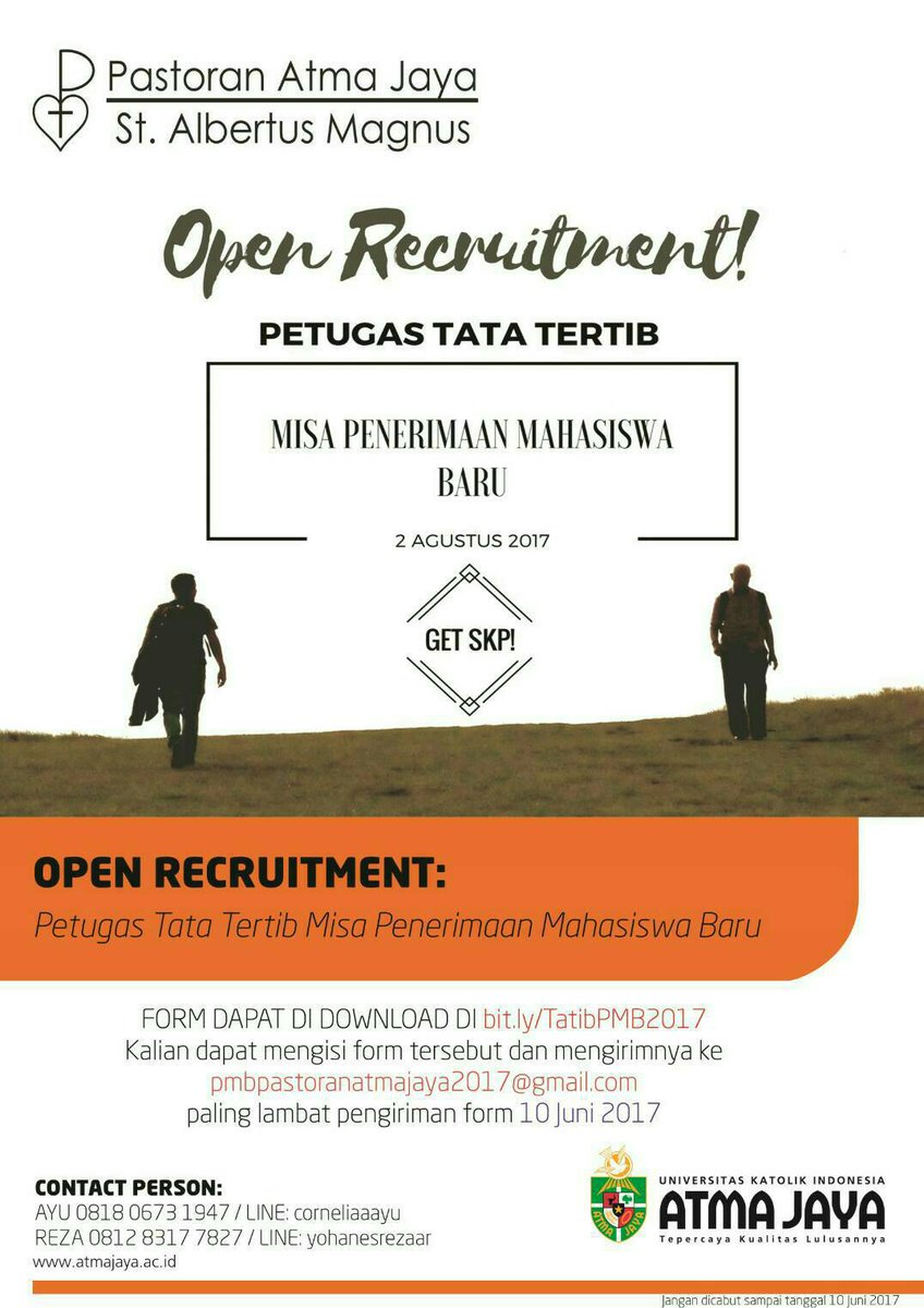 Bagi yang berminat bisa mendownload Formulir di bit.ly/TatibPMB2017
Dan mengirim formulir ke pmbpastoranatmajaya2017@gmail.com