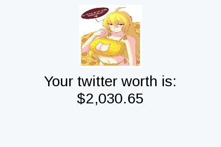 My Twitter worth is: $2,030.65

Find yours with tinyurl.com/mytwitterworth

.
