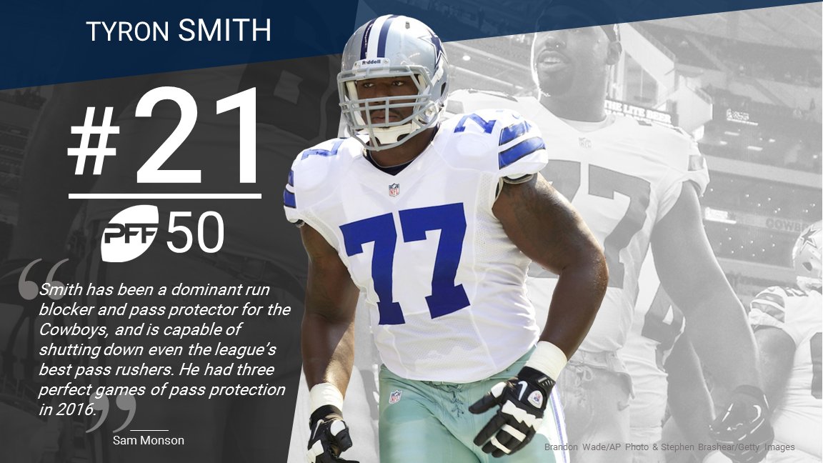 PFF's tweet photo. .@dallascowboys OT Tyron Smith ends up as the highest ranking tackle in the #PFF50, checking in at 21st overall https://t.co/86PsmhWpZ8