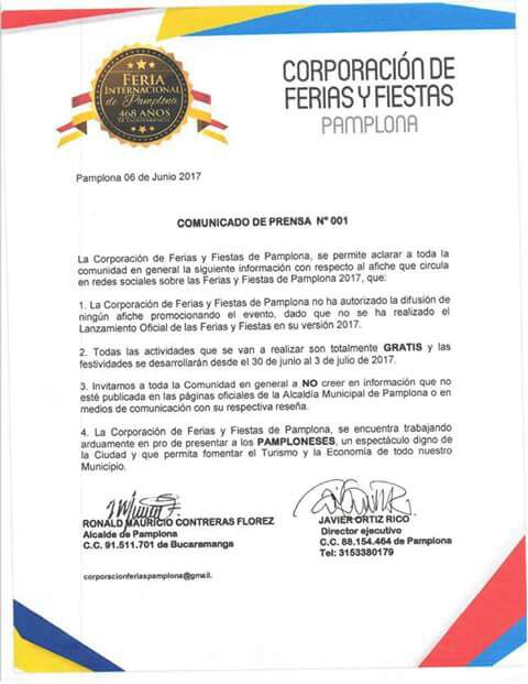 COMUNICADO A LA OPINIÓN PÚBLICA N°001 CORPORACIÓN DE FERIAS Y FIESTAS VERSIÓN 2017
#AlcaldíaDePamplona2016-2019 #ElCambioEnNuestrasManos