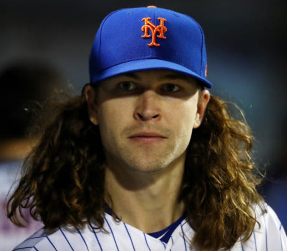 Paul Lukas on X: Short (well, shortER) hair tonight for Jacob deGrom.  Previous start on the left, tonight on the right.   / X