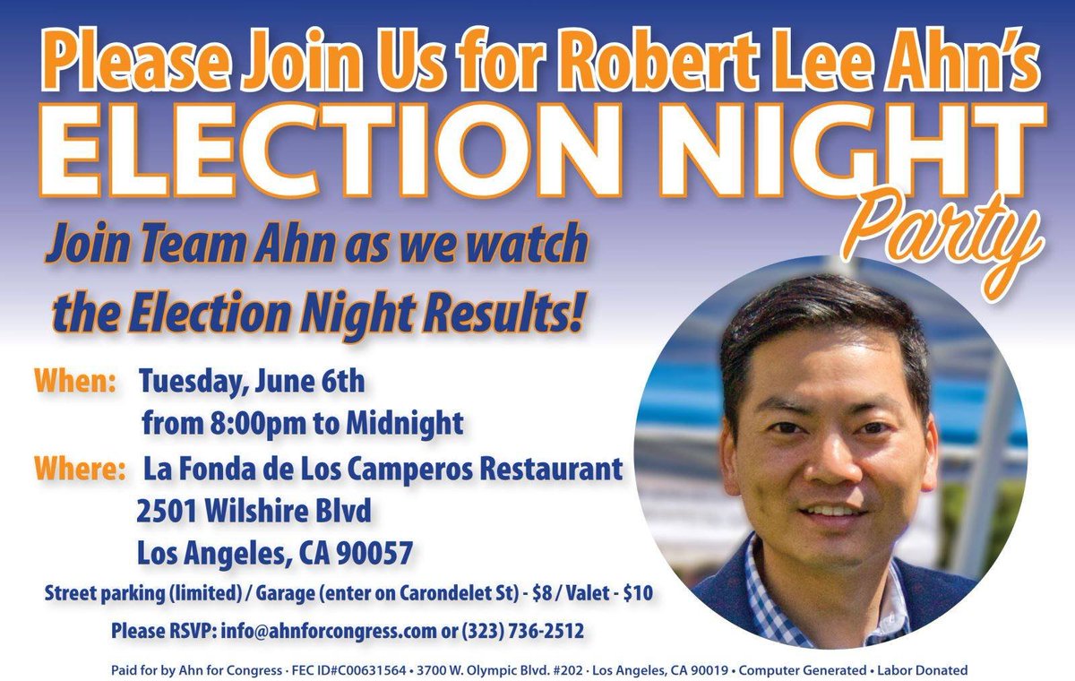 Today's #ElectionDay! If you live in #CD34, be sure to VOTE for @AhnforCA34for congress &amp; join us tonight for the Election Night Party.