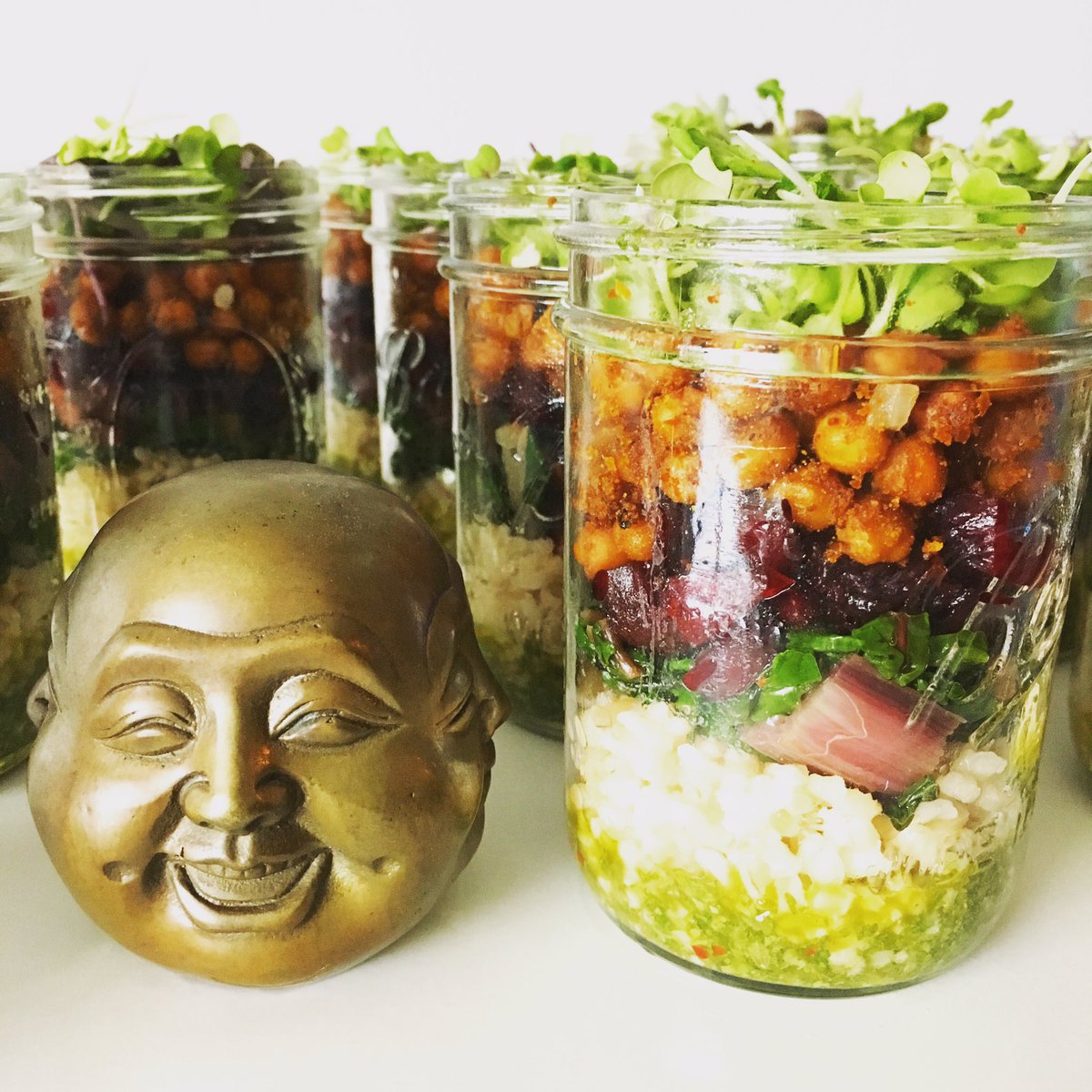 thelunchmason's tweet photo. Buddha bowl from bottom to top chimichurri, brown rice, Swiss chard, beets, turmeric roasted chickpeas,micro greens https://t.co/cK9F1tByCm
