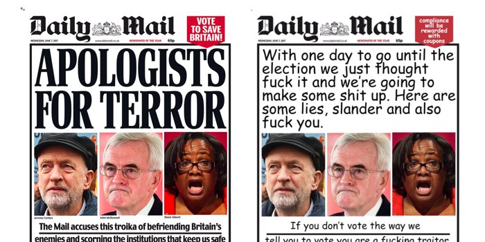 Daily Mail urges readers to 'vote to save Britain'. Our favourite 10 tweets about today's front page thepoke.co.uk/2017/06/07/pea…