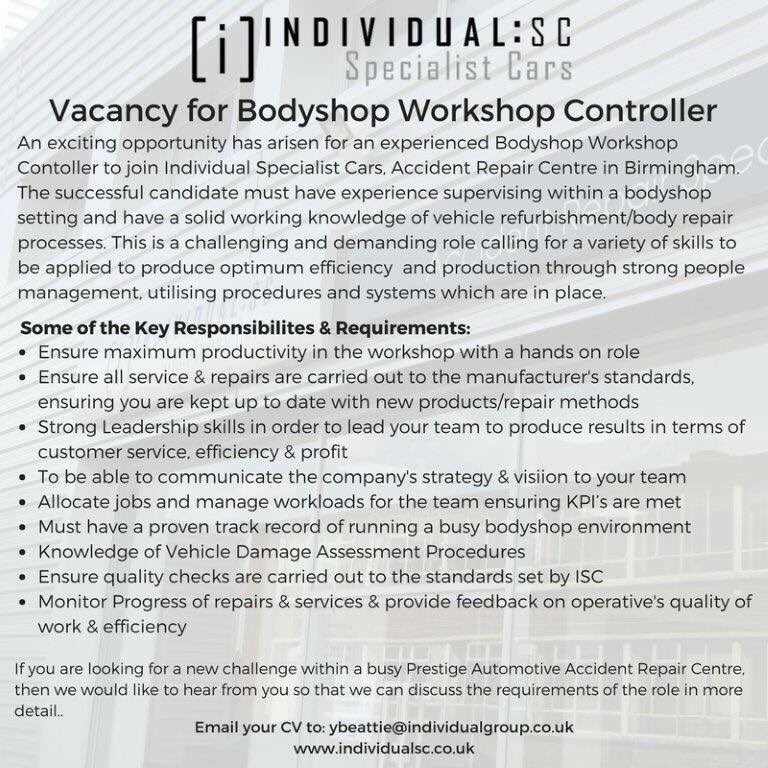 IndividualSC's tweet photo. #vacancy #workshopcontroller #Birmingham #westmidlands #BrumHour #birminghamcity #Teamindividual #Recruiting #Jobs #AccidentRepairCentre https://t.co/eIO7dr3jCe