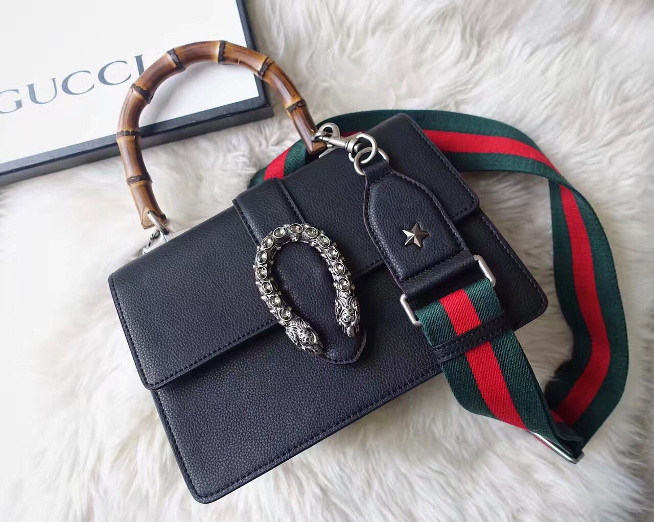 Gucci Dionysus Bamboo Top Handle Leather Bag In Black