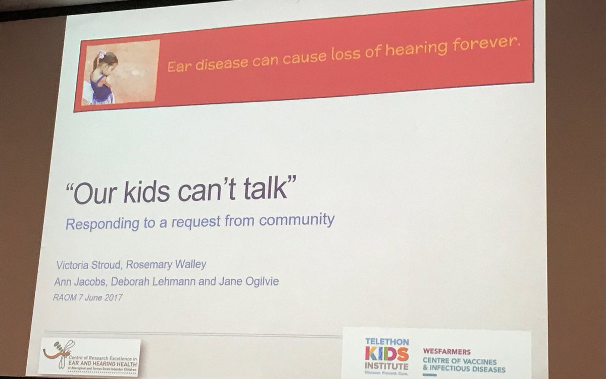 otitismedia2017's tweet photo. @telethonkids' Victoria Stroud &amp; Rose Walley on the 'Our kids can't talk' project with Aboriginal families in urban Perth. #RAOM2017 https://t.co/E7WQvbA3kB