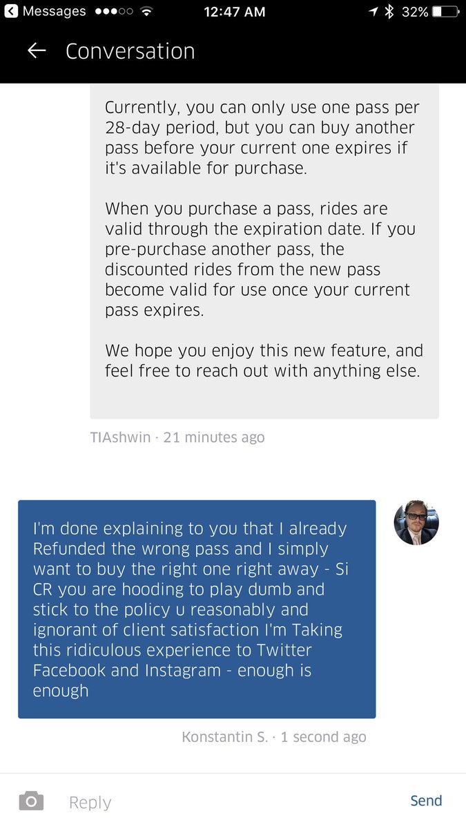 soukhovetski's tweet photo. This is after the whole day of explaining that I bought the wrong pass and needed an adjustment right away! @Uber_Support #badUber #Uber https://t.co/Ms36Kr5pVg